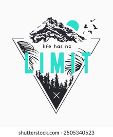 no limit slogan with alpine mountain silhouette and sunset in triangle frame vector illustration