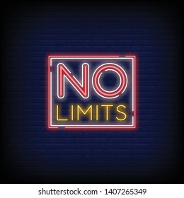 No Limits Neon Text Vector with a Brick Wall Background design template  modern trend design  night neon signboard  night bright advertising  light banner  light art. Vector illustration