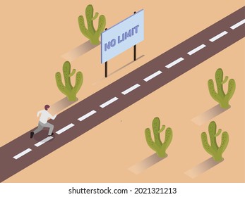 No limits vector concept: Young businessman running on the road with no limits text on the signpost