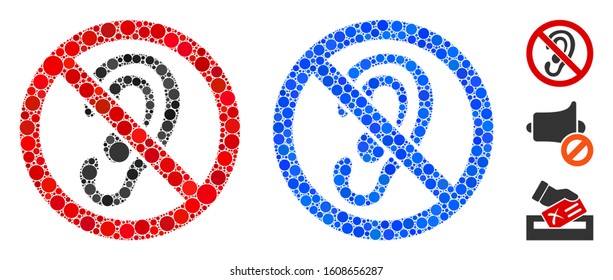 No listen mosaic of small circles in variable sizes and color hues, based on no listen icon. Vector small circles are composed into blue mosaic. Dotted no listen icon in usual and blue versions.