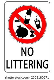 No littering, ban sign with silhouettes of different types of trash and text.