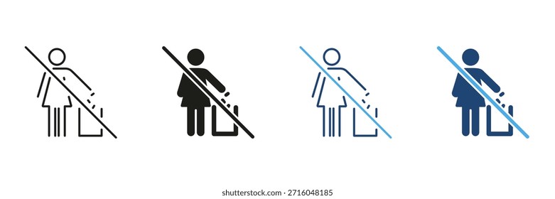 Keine Littering Signature Line und Solid Icon Set. Umweltschutz und Sauberkeit Bewusstsein Umriss und Silhouette Symbolsammlung. Isolierte Vektorgrafik.