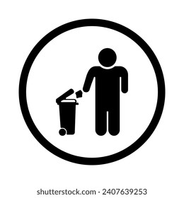 No littering sign. Vector icon of a person throwing out garbage. No environmental pollution. Man near the trash can. Recycling icon. Prohibition sign. Vector illustration.
