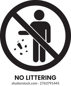 No Littering Vector Icon, Forbidden Garbage Disposal Sign with Human Figure and Trash Silhouette