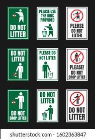 No littering vector igns, do not throw rubbish icons