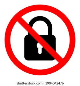 No lock icon. Blocking icon. Lock is prohibited. Stop or ban red round sign with padlock icon. Vector illustration.