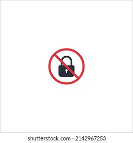 No hay icono de bloqueo. Icono de bloqueo. El bloqueo está prohibido. Detener o prohibir la señal de redondeo rojo con el icono de candado. Ilustración vectorial.