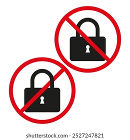 No lock icon. Padlock prohibition symbol. Red circle with padlock. Security restriction sign.