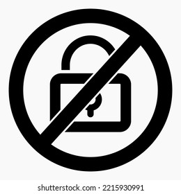 No lock. Not closed. Lock ban. Remove restrictions. Vector icon.