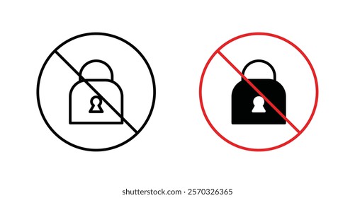 No lock sign vectors set in black. line and flat versions