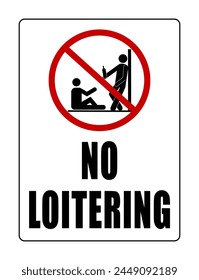 No loitering in this area, ban sign with a person leaning and another sitting. Text below. 