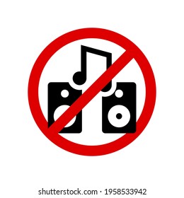 No loud music. Prohibition sign. Forbidden round sign. Vector illustration isolated on white.