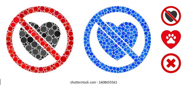 No love mosaic of round dots in variable sizes and color tinges, based on no love icon. Vector round dots are grouped into blue composition. Dotted no love icon in usual and blue versions.