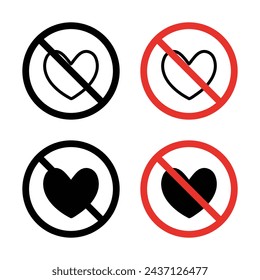 No Love Sign Icon Set. Romance and Heart Affection emotion ban vector symbol in a black filled and outlined style. Love Heart Lock Sign.