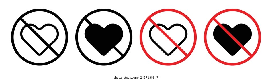 No Love Sign Line Icon. Affection Display Prohibition icon in outline and solid flat style.