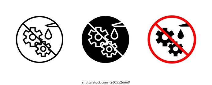 No lubrication gears icon. Prohibited machinery lubrication vector illustration. Restriction sign for industrial safety. Warning symbol to prevent improper maintenance and ensure mechanical protection