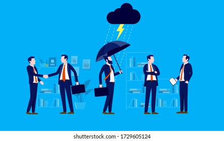 No luck in business - Unlucky businessman standing under bad weather in office with rain and lightning. Bad luck, dark times and misfortune concept. Vector illustration.