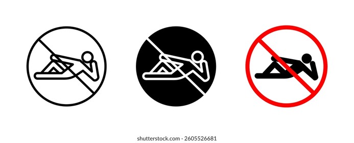 No lying icon. Prohibited resting vector illustration. Restriction sign for public spaces to prevent loitering. Warning symbol to maintain safety, order and compliance with urban regulations.