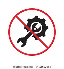 No machinery icon. Forbidden gear icon. No cogwheel sign. Prohibited calling vector icon. Warning, caution, attention, restriction flat sign design. Do not Screw-nut, configuration symbol pictogram