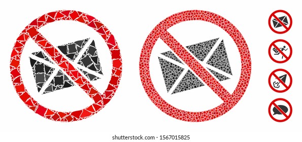 No mail composition of irregular parts in different sizes and color hues, based on no mail icon. Vector irregular parts are composed into mosaic. No mail icons collage with dotted pattern.