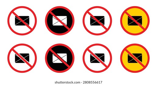 No Mail Icon Set, Prohibited Email and Spam Vector Symbols.