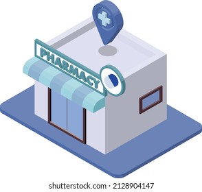 No main line, facing left. Illustration of an isometric 3D style pharmacy, pinned on the map. Medical concept.