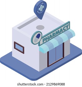 No main line, facing right. Illustration of an isometric 3D-style pharmacy, pinned on the map. Medical concept.
