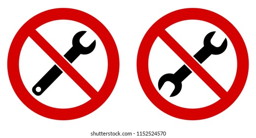 No maintenance required / do not try to fix or repair symbol. Black wrench (spanner) symbol in red crossed circle. Both ends and open end version.