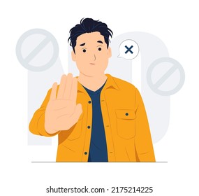 No and makes stop gesture, forbids something and expresses disagreement, Body language No means no concept illustration