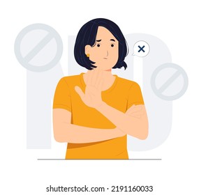 No and makes stop gesture, forbids something and expresses disagreement, Body language No means no concept illustration svg
