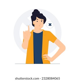 No and makes stop gesture, forbids disagreement, Body language No means no. Girl says no and showing stop with one finger, taboo sign, deny expression, and angry grumpy ban concept illustration svg