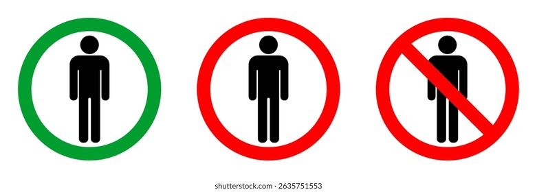 Ningún hombre permitió signo de círculo rojo, verde permitido icono de Vector redondo, 3 colección de pictograma