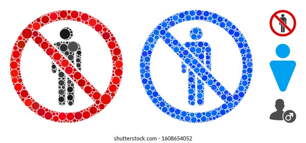No man mosaic of filled circles in variable sizes and color tones, based on no man icon. Vector filled circles are grouped into blue collage. Dotted no man icon in usual and blue versions.