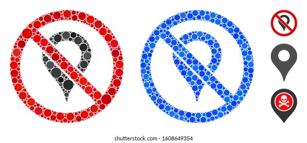 No map marker mosaic of small circles in various sizes and color tones, based on no map marker icon. Vector small circles are organized into blue composition.