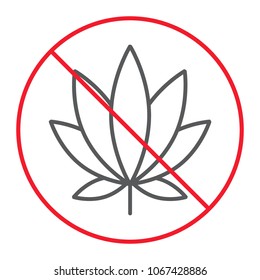 No marijuana thin line icon, prohibition and forbidden, no cannabis sign vector graphics, a linear pattern on a white background, eps 10.