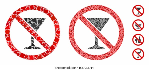 No martini glass mosaic of joggly items in variable sizes and color tints, based on no martini glass icon. Vector rugged items are united into mosaic.