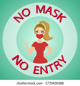 No mask no entry poster. Mask required banner. Lady in red dress and face mask. Green background. 