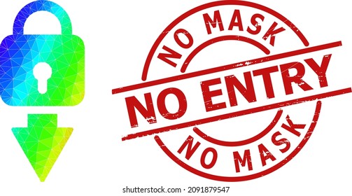 No Mask No Entry Rubber Badge, And Lowpoly Spectral Colored Lock Down Icon With Gradient. Red Seal Includes No Mask No Entry Text Inside Circle And Lines Shape.