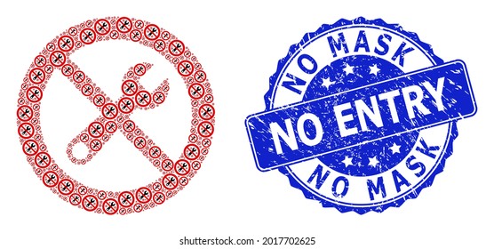 No Mask No Entry rubber round stamp and vector fractal collage stop repair. Blue stamp seal includes No Mask No Entry tag inside circle shape. Vector collage is formed of recursive stop repair icons.