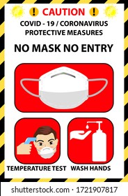 No mask no entry sign. Coronavirus protective measures against the coronavirus. Covid-19 info advice for customer before entry shop to  Wearing mask, Use alcohol gel and Temperature test.