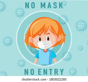 No mask no entry sign with cute girl cartoon character illustration