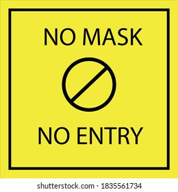 No mask no entry vector illustration poster, yellow background, mask awareness, novel corona virus.