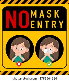 No mask no entry warning sign with cartoon character illustration