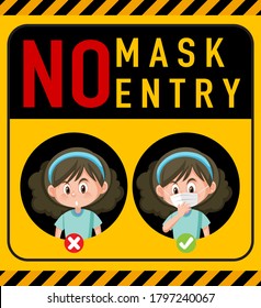 No mask no entry warning sign with cartoon character illustration