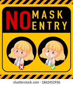 No mask no entry warning sign with cartoon character illustration