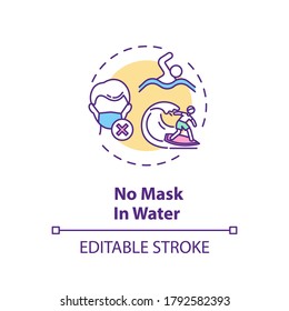 No mask in water concept icon. Beach safety idea thin line illustration.Man in mask, swimmer, surfer on surfboard. Vector isolated outline RGB color drawing. Editable stroke