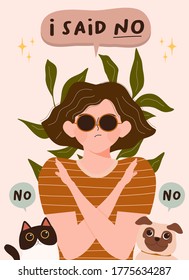 No means no concept vector illustration. woman expressing denial NO with her hand and in the speech bubble. Stop domestic violence and crime against females. banner, poster print and other