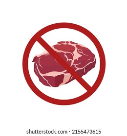 No Meat Allowed Sign. Meat Is Forbidden. Vegetarian. Red Meat Chop. Isolated On White Background