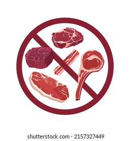 No Meat Allowed Sign. Meat Is Forbidden. Vegetarian. Different Kinds Of Red Meat. Isolated On White Background	
