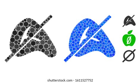 No meat composition of round dots in various sizes and color tinges, based on no meat icon. Vector round dots are grouped into blue composition. Dotted no meat icon in usual and blue versions.